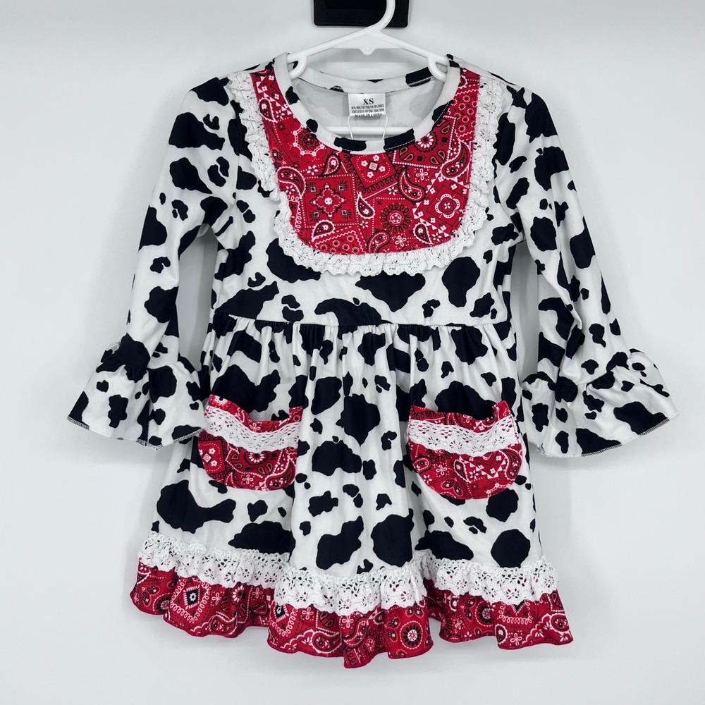 AL Limited Cowgirl Dress Girls 2T Black White Red Cow Bandana Lace Rodeo Western